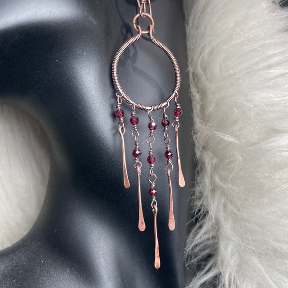 Artisan Jewelry - Hand Crafted Copper Red Garnet Crystal Beaded Dangle Chandelier Earrings